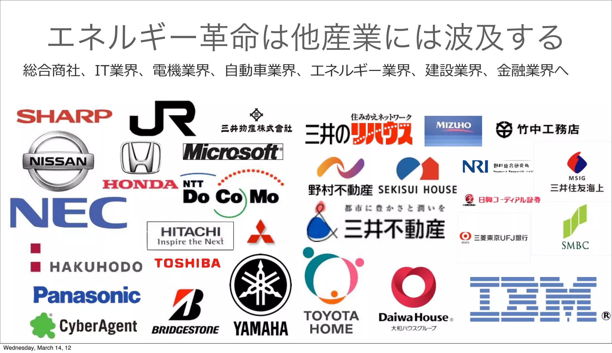 エネルギー革命は他産業には波及する
      総合商社、IT業界、電機業界、⾃自動⾞車車業界、エネルギー業界、建設業界、⾦金金融業界へ




Wednesday, March 14, 12
 