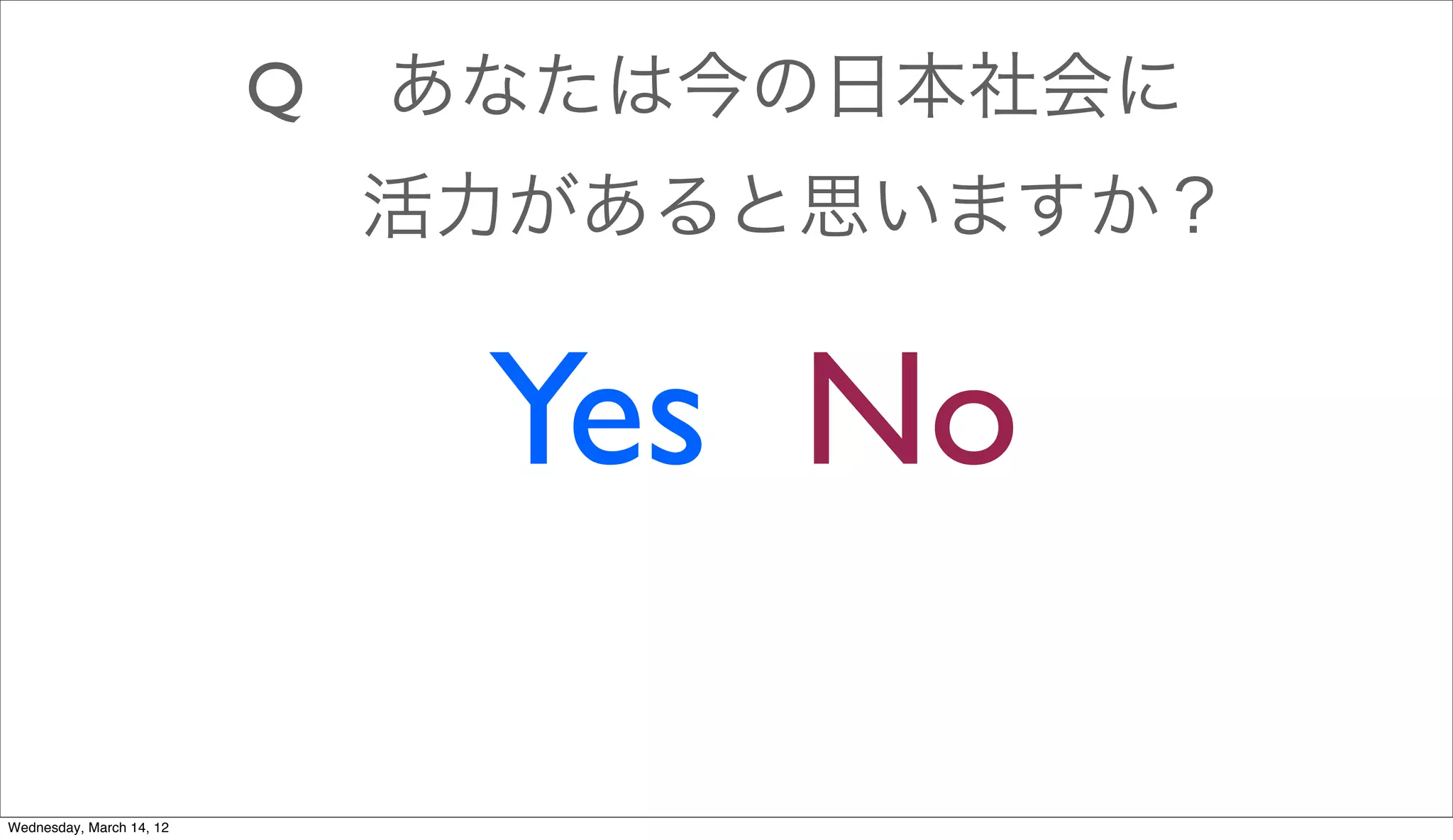 Q   あなたは今の日本社会に
                              活力があると思いますか？


                               Yes No

Wednesday, March 14, 12
 
