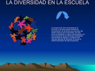 LA DIVERSIDAD EN LA ESCUELA  la incorporación de la diversidad en el currículo, y se hace precisa también la incorporación de docentes que procedan del mismo entorno que el alumnado. De esta forma se facilitaría no sólo la interconexión y el reconocimiento de las diferentes identidades sino también la relación y contacto entre culturas además de favorecer el acceso al sistema educativo de todo el personal.  