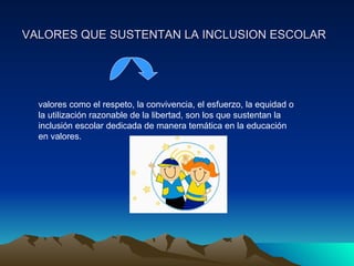 VALORES QUE SUSTENTAN LA INCLUSION ESCOLAR   valores como el respeto, la convivencia, el esfuerzo, la equidad o la utilización razonable de la libertad, son los que sustentan la inclusión escolar dedicada de manera temática en la educación en valores. 
