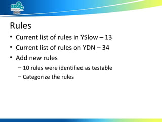 Rules <ul><li>Current list of rules in YSlow – 13 </li></ul><ul><li>Current list of rules on YDN – 34 </li></ul><ul><li>Ad...