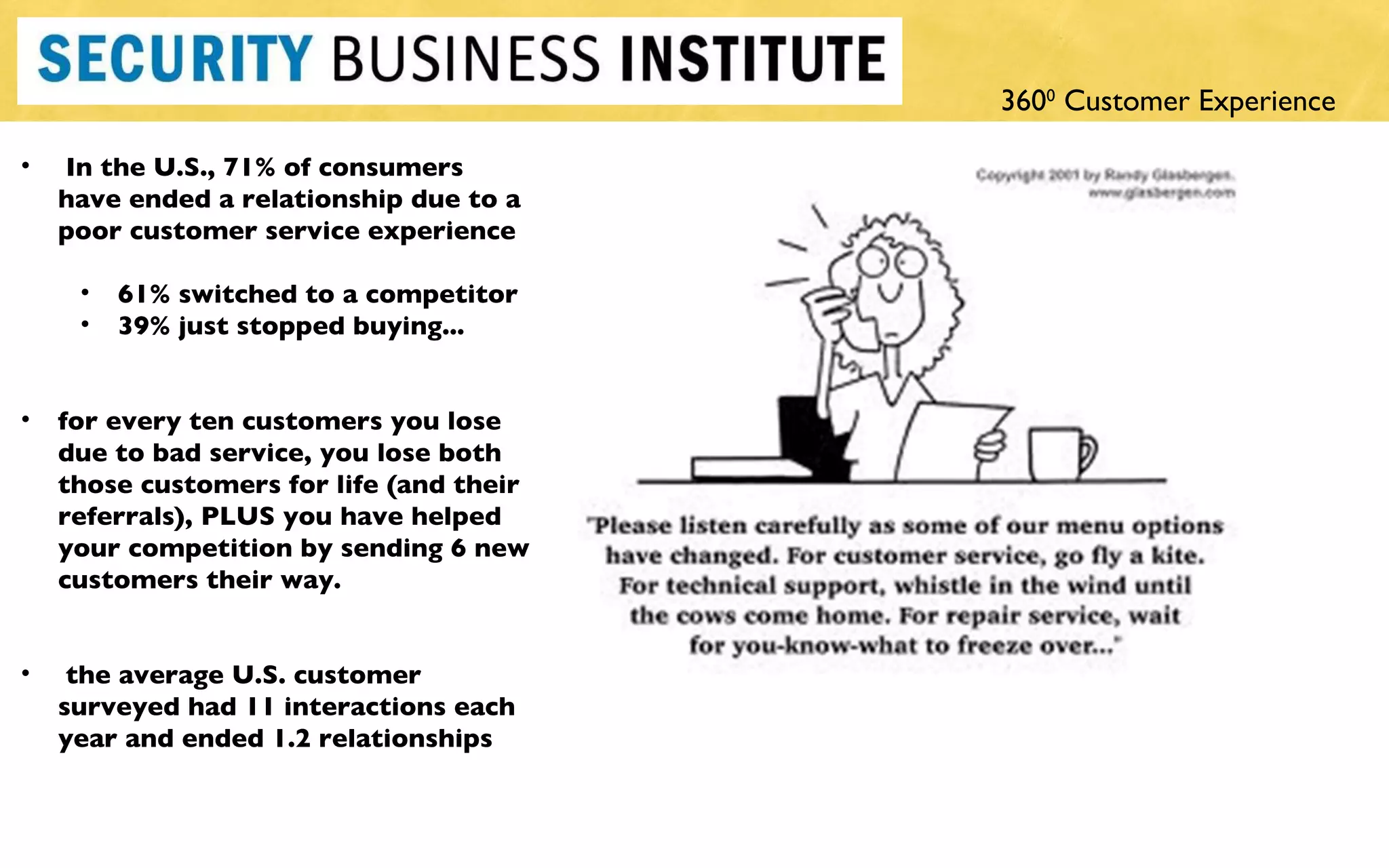 In the U.S., 71% of consumers have ended a relationship due to a poor customer service experience  61% switched to a competitor 39% just stopped buying... for every ten customers you lose due to bad service, you lose both those customers for life (and their referrals), PLUS you have helped your competition by sending 6 new customers their way. the average U.S. customer surveyed had 11 interactions each year and ended 1.2 relationships 