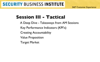 Session III - Tactical A Deep Dive - Takeaways from AM Sessions Key Performance Indicators (KPI ’s) Creating Accountability Value Proposition Target Market 