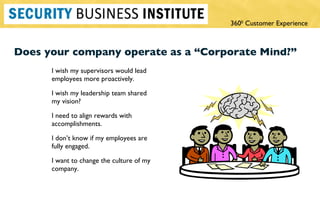Does your company operate as a  “Corporate Mind?” I wish my supervisors would lead employees more proactively. I wish my leadership team shared my vision? I need to align rewards with accomplishments. I don ’t know if my employees are fully engaged. I want to change the culture of my company. 