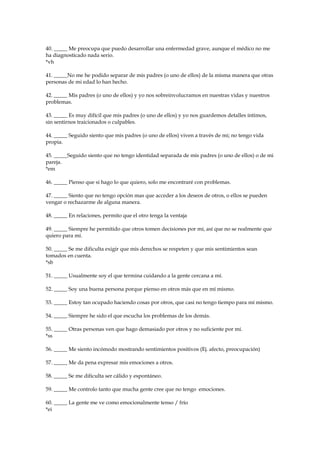 40. _____ Me preocupa que puedo desarrollar una enfermedad grave, aunque el médico no me
ha diagnosticado nada serio.
*vh
41. _____No me he podido separar de mis padres (o uno de ellos) de la misma manera que otras
personas de mi edad lo han hecho.
42. _____ Mis padres (o uno de ellos) y yo nos sobreinvolucramos en nuestras vidas y nuestros
problemas.
43. _____ Es muy difícil que mis padres (o uno de ellos) y yo nos guardemos detalles íntimos,
sin sentirnos traicionados o culpables.
44. _____ Seguido siento que mis padres (o uno de ellos) viven a través de mi; no tengo vida
propia.
45. _____Seguido siento que no tengo identidad separada de mis padres (o uno de ellos) o de mi
pareja.
*em
46. _____ Pienso que si hago lo que quiero, solo me encontraré con problemas.
47. _____ Siento que no tengo opción mas que acceder a los deseos de otros, o ellos se pueden
vengar o rechazarme de alguna manera.
48. _____ En relaciones, permito que el otro tenga la ventaja
49. _____ Siempre he permitido que otros tomen decisiones por mí, así que no se realmente que
quiero para mí.
50. _____ Se me dificulta exigir que mis derechos se respeten y que mis sentimientos sean
tomados en cuenta.
*sb
51. _____ Usualmente soy el que termina cuidando a la gente cercana a mí.
52. _____ Soy una buena persona porque pienso en otros más que en mí mismo.
53. _____ Estoy tan ocupado haciendo cosas por otros, que casi no tengo tiempo para mí mismo.
54. _____ Siempre he sido el que escucha los problemas de los demás.
55. _____ Otras personas ven que hago demasiado por otros y no suficiente por mí.
*ss
56. _____ Me siento incómodo mostrando sentimientos positivos (Ej. afecto, preocupación)
57. _____ Me da pena expresar mis emociones a otros.
58. _____ Se me dificulta ser cálido y espontáneo.
59. _____ Me controlo tanto que mucha gente cree que no tengo emociones.
60. _____ La gente me ve como emocionalmente tenso / frío
*ei
 