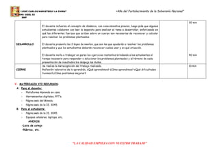 I.E. “JOSÉ CARLOS MARIÁTEGUI LA CHIRA” “Año del Fortalecimiento de la Soberanía Nacional”
N° 3045- UGEL 02
SMP
“LA CALIDAD EMPIEZA CON NUESTRO TRABAJO”
DESARROLLO
El docente refuerza el concepto de dinámica, con conocimientos previos, luego pide que algunos
estudiantes colaboren con leer la separata para analizar el tema a desarrollar, enfatizando en
qué las diferentes fuerzas que actúan sobre un cuerpo son necesarias de reconocer y calcular
para resolver los problemas planteados.
El docente presenta las 3 leyes de newton, que son las que ayudarán a resolver los problemas
planteados y que los estudiantes deberán reconocer cuales usar y en qué situación.
El docente invita a trabajar en pares los ejercicios restantes brindando a los estudiantes el
tiempo necesario para responder o solucionar los problemas planteados y al término de cada
presentación de resultados les despeja las dudas.
30 min
40 min
CIERRE
Se realiza la metacognición del trabajo realizado.
Reflexión valorativa de lo aprendido, ¿Qué aprendimos? ¿Cómo aprendimos? ¿Qué dificultades
tuvimos? ¿Cómo podríamos mejorar?
10 min
V. MATERIALES Y/0 RECURSOS:
A. Para el docente:
- Plataforma Aprendo en casa.
- Herramientas digitales, PPT’s.
- Página web del Minedu
- Página web de la IE. 3045.
B. Para el estudiante:
- Página web de la IE. 3045.
- Equipos celulares, laptops, etc.
ANEXOS
-Lista de cotejo
-Rúbrica, etc.
 
