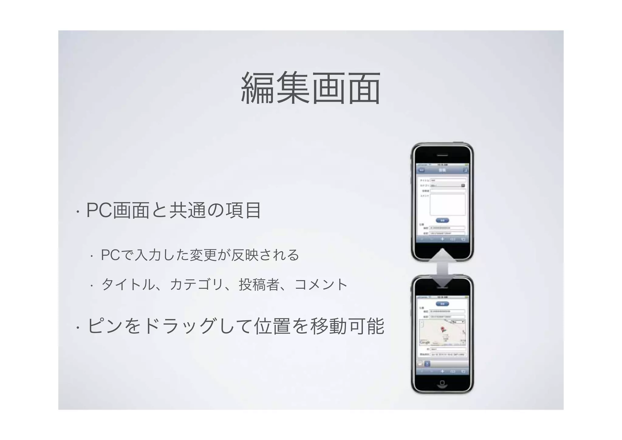 編集画面
• PC画面と共通の項目
• PCで入力した変更が反映される
• タイトル、カテゴリ、投稿者、コメント
• ピンをドラッグして位置を移動可能
 