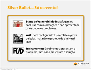 Silver Bullet... Só o evento!


                               Scans de Vulnerabilidades: Afogam os
                               analistas com informações e não apresentam
                               os verdadeiros problemas

                               WAF: Bem conﬁgurado é um colete a prova
                               de balas, mas não te protege de um Head
                               Shot

                               Treinamentos: Geralmente apresentam o
                               problema, mas não apresentam a solução




Wednesday, September 5, 2012
 