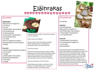 EläinrakasEläinpikkuleivät noin 40 kpl Ainekset4 dl vehnäjauhoja200 g voita tai margariinia1/2 dl Dansukker Taloussokeria1 tl Dansukker Vaniljasokeria1 munankeltuainenKuorrute5 dl Dansukker Tomusokeria1 rkl nestemäistä margariinia1–2 rkl vettäelintarvikeväriäSekoita kaikki ainekset leivinpöydällä taikinaksi. Anna levätä jääkaapissa vähintään puoli tuntia. Kauli taikina noin 3 mm:n paksuiseksi levyksi. Leikkaa taikinasta pikkuleipiä muotilla tai mallin mukaan. Pane pikkuleivät leivinpaperilla vuoratulle pellille. Paista uunin keskiosassa 225 asteessa noin 10 minuuttia. Sekoita tomusokeri, margariini ja vesi tasaiseksi seokseksi. Jaa kuorrute pieniin laseihin ja lisää erilaisia elintarvikevärejä. Koristele pikkuleivät kuorrutteella. Anna kuivua ritilällä.ApinakakkuKakkupohja100 g voita tai margariinia2 dl maitoa4 munaa4 dl Dansukker Taloussokeria6 dl vehnäjauhoja3 tl leivinjauhetta4 tl Dansukker Vaniljasokeria4 rkl kaakaojauhetta2 rkl vettävoita tai margariinia vuokaankorppujauhoja tai mannaryynejä vuokaanKuorrute1 pktDansukker Kaakaotomusokeria2–3 rkl vettä2 tl öljyä2 dl Dansukker Tomusokeriakeltaista elintarvikeväriä2–3 tl vettä1 tl öljyä Voitele ja leivitä iso vuoka (n. 30 x 40 cm). Lämmitä uuni 175 asteeseen.Sulata rasva ja anna jäähtyä.Vatkaa munat ja sokeri kuohkeaksi vaahdoksi. Sekoita keskenään jauhot, vaniljasokeri ja leivinjauhe ja lisää muna-sokerivaahtoon.Lisää rasva ja maito.Kaada 2/3 sokerikakkutaikinasta vuokaan. Sekoita kaakaojauhe ja vesi lopun taikinan joukkoon. Kaada tumma taikina vuoassa olevan taikinan päälle ja vedä haarukalla taikinan pintaan viivoja, jotta valmiista kakusta tulee marmoroidun näköinen.Paista uunin alaosassa 35–40 minuuttia.Leikkaa kakku apinan pään muotoiseksi ja levitä kuorrute. Tee lakritsinauhasta suu, ruskeasta strösselistä ”hiukset” ja lakritsista silmät.