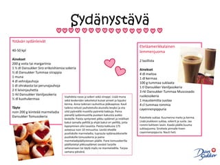 SydänystäväYstävän sydänleivät40-50 kpl Ainekset200 g voita tai margariinia1 ½ dl Dansukker Siro erikoishienoa sokeria½ dl Dansukker Tummaa siirappia1 muna4 dl vehnäjauhoja1 dl ohrakasta tai perunajauhoja2 tl leivinjauhetta1 rkl Dansukker Vaniljasokeria½ dl kuohukermaaTäytenoin 200 g kiinteää marmeladiaDansukker Tomusokeria Eteläamerikkalainen lemmenjuoma2 lasillista Ainekset4 dl maitoa1 dl kermaa100 g tummaa suklaata1 tl Dansukker Vaniljasokeria3 rkl Dansukker Tummaa Muscovado ruokosokeria1 maustemitta suolaa4 cl tummaa rommiacayennenpippuria Paloittele suklaa. Kuumenna maito ja kerma. Lisää joukkoon suklaa, sokerit ja suola. Jaa rommi kahteen lasiin. Kaada päälle kuuma suklaajuoma. Sirottele pinnalle hiven cayennenpippuria. Nauti heti.Vaahdota rasva ja sokeri sekä siirappi. Lisää muna sekä keskenään sekoitetut kuivat aineet ja lopuksi kerma. Anna taikinan rauhoittua jääkaapissa. Kauli taikina reilusti jauhotetulla alustalla levyksi ja ota siitä pyöreällä muotilla pyöreitä kakkuja. Paina pienellä sydänmuotilla puoleen kakuista aukko keskelle. Paista syntyneet pikku sydämet ja reiälliset kakut samalla pellillä ja ehjät kakut eri pellillä, jotta kypsyminen olisi tasaista. Paista kakkusia 175 asteessa noin 10 minuuttia. Levitä eheälle puoliskolle marmeladia, tuprauta sydänaukkoiselle puoliskolle tomusokeria ja paina marmeladipäällysteisen päälle. Pane tomusokerilla päällystetyt pikkusydämet sievästi tarjolle sellaisenaan tai täytä myös ne marmeladilla. Tarjoa samana päivänä.