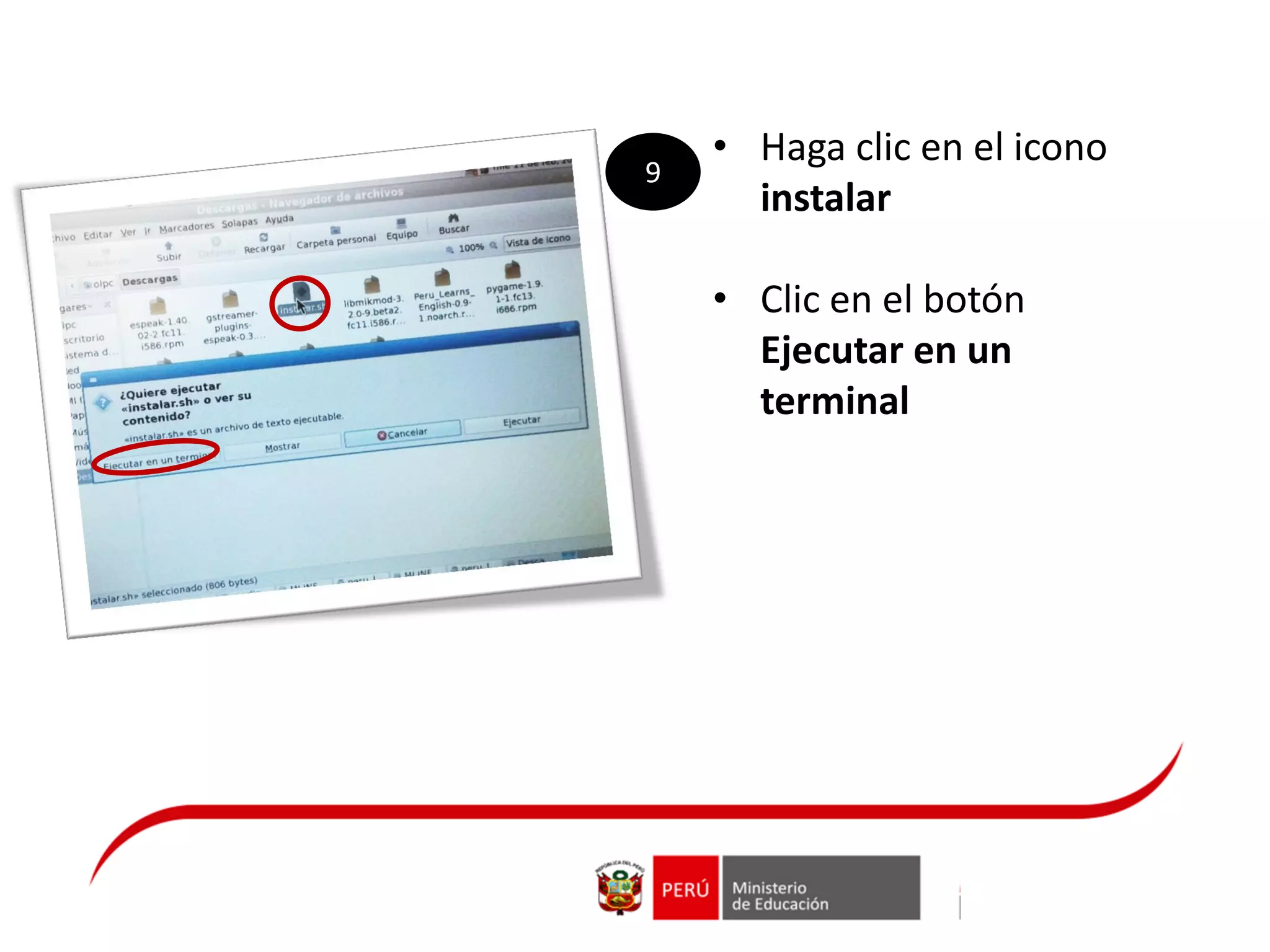 • Haga clic en el icono
instalar
• Clic en el botón
Ejecutar en un
terminal
9
 