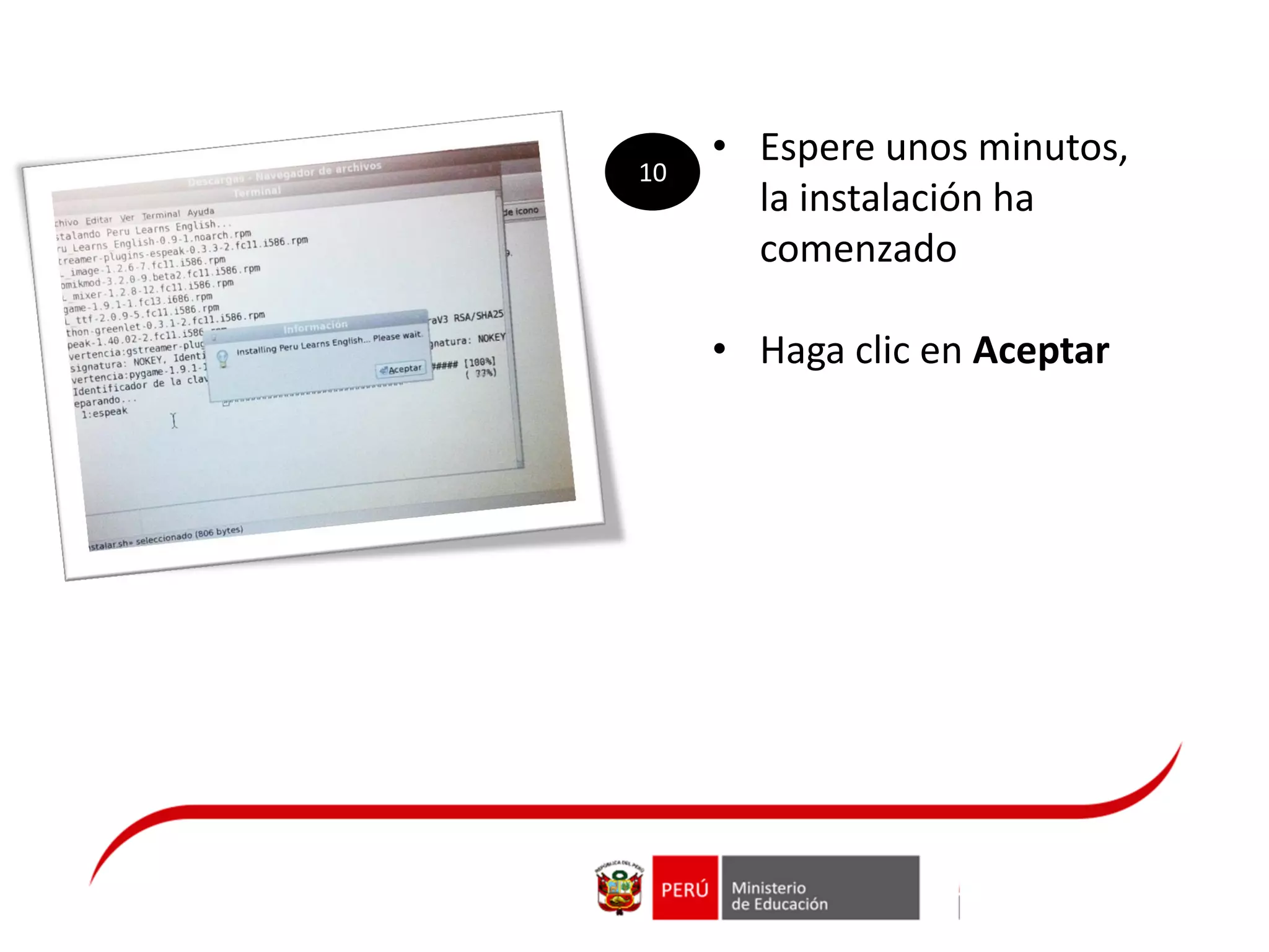 • Espere unos minutos,
la instalación ha
comenzado
• Haga clic en Aceptar
10
 