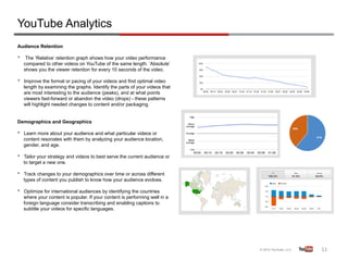 YouTube Analytics
Audience Retention

•     The ‘Relative’ retention graph shows how your video performance
     compared to other videos on YouTube of the same length. ‘Absolute’
     shows you the viewer retention for every 10 seconds of the video.

•    Improve the format or pacing of your videos and find optimal video
     length by examining the graphs. Identify the parts of your videos that
     are most interesting to the audience (peaks), and at what points
     viewers fast-forward or abandon the video (drops) - these patterns
     will highlight needed changes to content and/or packaging.


Demographics and Geographics

•    Learn more about your audience and what particular videos or
     content resonates with them by analyzing your audience location,
     gender, and age.

•    Tailor your strategy and videos to best serve the current audience or
     to target a new one.

•    Track changes to your demographics over time or across different
     types of content you publish to know how your audience evolves.

•    Optimize for international audiences by identifying the countries
     where your content is popular. If your content is performing well in a
     foreign language consider transcribing and enabling captions to
     subtitle your videos for specific languages.




                                                                              11	
  
 