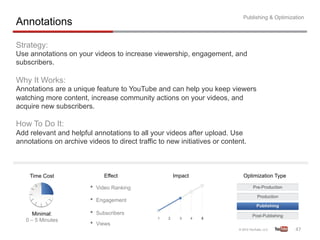 Publishing & Optimization
Annotations

Strategy:
Use annotations on your videos to increase viewership, engagement, and
subscribers.

Why It Works:
Annotations are a unique feature to YouTube and can help you keep viewers
watching more content, increase community actions on your videos, and
acquire new subscribers.

How To Do It:
Add relevant and helpful annotations to all your videos after upload. Use
annotations on archive videos to direct traffic to new initiatives or content.



    Time Cost                 Effect                   Impact                Optimization Type

                         •  Video Ranking
                         •  Engagement
      Minimal:           •  Subscribers
                                               1   2     3      4   5
   0 – 5 Minutes
                         •  Views
                                                                                                 47	
  
 