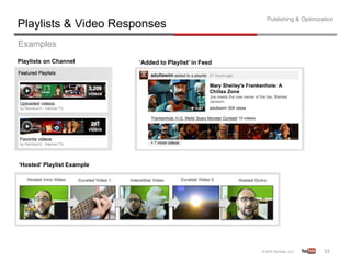 Publishing & Optimization
Playlists & Video Responses
Examples
Playlists on Channel        ‘Added to Playlist’ in Feed




‘Hosted’ Playlist Example




                                                                               55	
  
 