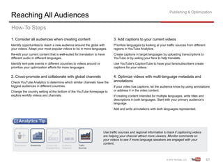 Publishing & Optimization
Reaching All Audiences
How-To Steps
1. Consider all audiences when creating content                               3. Add captions to your current videos
Identify opportunities to reach a new audience around the globe with          Prioritize languages by looking at your traffic sources from different
your videos. Adapt your most popular videos to be in more languages.          regions in YouTube Analytics.
Re-edit your current content that is well-suited for translation to have      Create captions in target languages by uploading transcriptions to
different audio in different languages.                                       YouTube or by asking your fans to help translate.
Identify tent-pole events in different countries to videos around or          Use YouTube’s CaptionTube to have your fans/subscribers create
prioritize your optimization efforts for more languages.                      captions for your videos.


2. Cross-promote and collaborate with global channels                         4. Optimize videos with multi-language metadata and
Check YouTube Analytics to determine which similar channels have the          annotations
biggest audiences in different countries.                                     If your video has captions, let the audience know by using annotations
Change the country setting at the bottom of the YouTube homepage to           or address it in the video content.
explore worldly videos and channels.                                          If creating content intended for multiple languages, write titles and
                                                                              descriptions in both languages. Start with your primary audience’s
                                                                              language.
                                                                              Add and write annotations with both languages represented.




                                                                       Use traffic sources and regional information to track if captioning videos
                                                                       are helping your channel attract more viewers. Monitor comments on
                                                                       your videos to see if more language speakers are engaged with your
                                                                       content.




                                                                                                                                                       67	
  
 