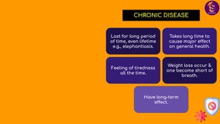 CHRONIC DISEASE
Last for long period
of time, even lifetime
e.g., elephantiasis.
Takes long time to
cause major effect
on general health.
Feeling of tiredness
all the time.
Weight loss occur &
one become short of
breath.
Have long-term
effect.
 
