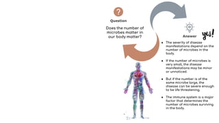 Does the number of
microbes matter in
our body matter?
● The severity of disease
manifestations depend on the
number of microbes in the
body.
● If the number of microbes is
very small, the disease
manifestations may be minor
or unnoticed.
● But if the number is of the
same microbe large, the
disease can be severe enough
to be life threatening.
● The immune system is a major
factor that determines the
number of microbes surviving
in the body.
 
