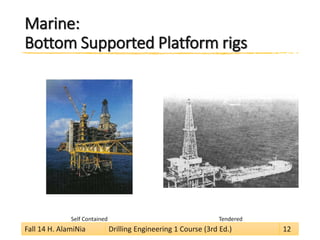 Marine: Bottom Supported Platform rigs 
Self Contained 
Tendered 
Fall 14 H. AlamiNia Drilling Engineering 1 Course (3rd Ed.) 12 
 