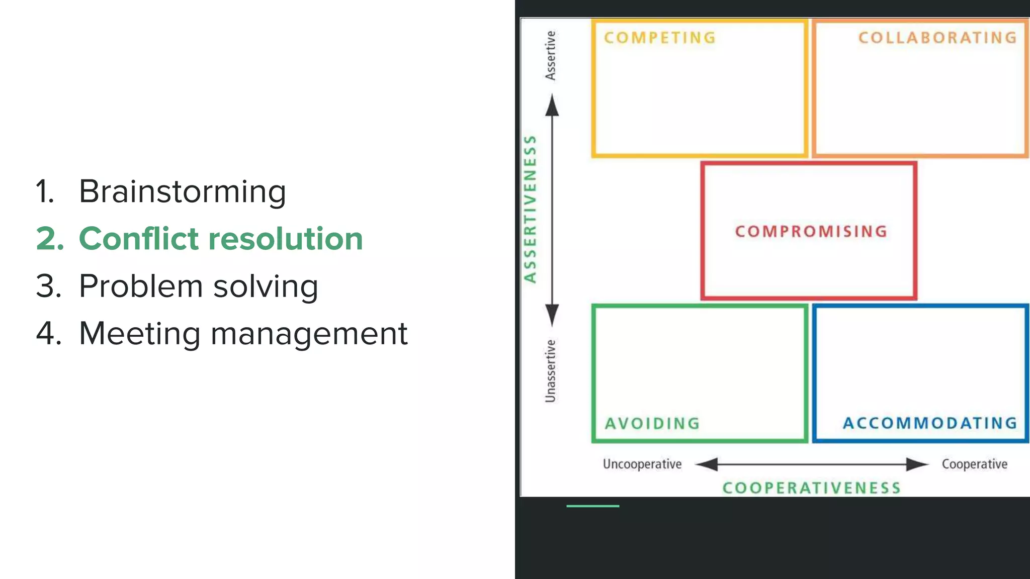 1. Brainstorming
2. Conflict resolution
3. Problem solving
4. Meeting management
 