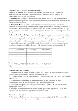 2 Responde agora ao seguinte teste caracterológico.
Este teste não é apenas uma curiosidade. Serve para te conheceres melhor e assim agires
coerentemente, potenciando as tendências positivas e controlando melhor as negativas.
Baseia-se em três elementos fundamentais:
A. Emotividade (E ou nE). A pessoa emotiva vibra por um nada e fica logo entusiasmada ou
perturbada com qualquer coisa. A não-emotiva é fleumática, quase indiferente e só se emociona em
circunstâncias excepcionais.
B. Actividade (A ou nA). A pessoa activa não é necessariamente alguém que tenha muita
actividade, mas sim quem age espontaneamente, sempre disposta a tudo; encontra gosto na acção e a
inacção irrita-a. A não-activa pode até trabalhar muito, mas faz tudo com dificuldade, faz só o que
gosta e age muitas vezes contra a própria vontade; precisa de tempo para se reanimar para um novo
trabalho.
C. Ressonância (S ou P). A pessoa secundária é lenta, ponderada, coerente; quando vê ou recebe
alguma impressão, deixa primeiro assentar, antes de agir; a reacção aos acontecimentos é prolongada
e deixa marcas. A primária é mais espontânea, deixando-se levar pela primeira impressão; os seus
reflexos são rápidos e imediatos; a reacção aos acontecimentos é rápida e não deixa vestígios.
O questionário que se segue está dividido em três blocos, segundo os aspectos acima apontados.
Conforme o teu caso, atribui 18 ou 2 pontos a cada pergunta. Em caso de dúvida, atribui 10.
Emotividade Actividade Ressonância
1
2
3
4
5
Total
0-44=nE/45-90=E 0-44=nA/45-90=A 0-44=P/45-90=S
Tipo
Sou emotivo ou não emotivo?
1. Mudas facilmente de humor, passando da alegria para a tristeza, do entusiasmo para o desânimo
(18), OU conservas geralmente a calma e um humor igual (2)?
2. Ficas logo magoado(a) e ofendido(a) quando te criticam (18), OU suportas a crítica sem te sentires
ferido(a) (2)?
3. Ficas facilmente entusiasmado ou emocionado diante de uma boa notícia ou de um
acontecimento triste (18), OU não mostras logo a emoção à primeira (2)?
4. Ficas acanhado na presença de outras pessoas, corado(a) e sem fala (18), OU conservas a tua
tranquilidade habitual (2)?
5. Preocupas-te com pequenas coisas, mesmo sabendo que não têm importância (18), OU ficas
agitado(a) com acontecimentos importantes e excepcionais (2)?
Sou activo ou não activo?
1. Fazes logo o trabalho que tens a fazer, deixando o resto para depois (18), OU costumas adiar para
mais tarde, dizendo «devagar se vai ao longe» (2)?
 
