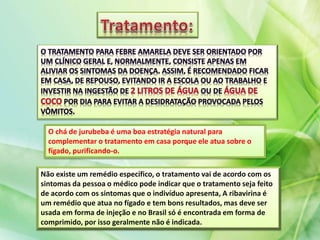 O chá de jurubeba é uma boa estratégia natural para
complementar o tratamento em casa porque ele atua sobre o
fígado, purificando-o.
Não existe um remédio especifico, o tratamento vai de acordo com os
sintomas da pessoa o médico pode indicar que o tratamento seja feito
de acordo com os sintomas que o indivíduo apresenta, A ribavirina é
um remédio que atua no fígado e tem bons resultados, mas deve ser
usada em forma de injeção e no Brasil só é encontrada em forma de
comprimido, por isso geralmente não é indicada.
 