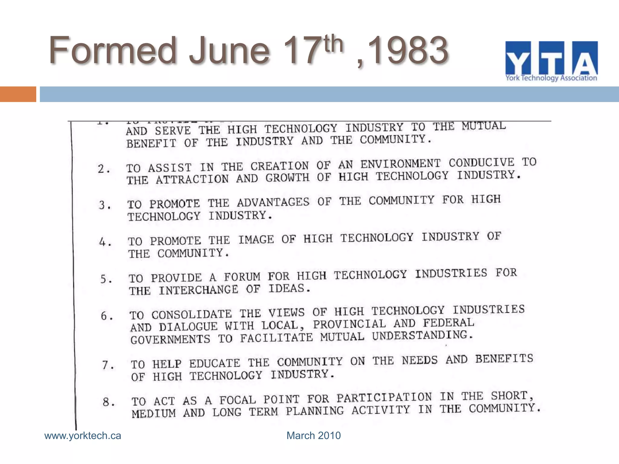 Formed June 17th ,1983www.yorktech.ca                                                         March 2010