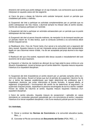 director/a del centre,que podrà delegar en el cap d’estudis. Les correccions que es poden
interposar en aquests casos són les següents:
a) Canvi de grup o classe de l’alumne amb caràcter temporal, durant un període que
s’estableixi pel centre, o definitiu.
b) Suspensió del dret a participar en activitats complementàries per un període que no
podrà sobrepassar els tres mesos. L’alumnat sempre ha d’ésser atès al centre escolar,
mentre els companys participen en l’activitat.
c) Suspensió del dret a participar en activitats extraescolars per un període que no podrà
sobrepassar els tres mesos.
d) Suspensió del dret al servei d'escola matinera, de menjador i/o de transport escolar per
un període màxim de 15 dies lectius, quan la conducta contrària a la convivència afecti
l’àmbit d’aquest servei.
e) Realització dins i fora de l’horari lectiu d’un servei a la comunitat com a reparació del
dany causat. Aquesta mesura no pot ser imposada sense autorització dels representants
legals en cas d’alumnat menor d’edat, i ha de ser acceptada pel propi alumne si és major
d’edat.
f) Restitució del que s’ha sostret, reparació dels danys causats o rescabalament del cost
econòmic de la seva reparació.
g) Imposició a l’alumne de mantenir-se allunyat de qui hagi estat la seva víctima en una
situació d’assetjament, durant el temps que el centre determini. Aquesta mesura requereix
l’obertura d’un expedient disciplinari.
h) Suspensió del dret d’assistència al centre docent per un període comprès entre sis i
vint-i-cinc dies lectius. Durant el temps que duri el període de suspensió, l’alumne ha de
dur a terme les tasques acadèmiques que hagin determinat els professors que li
imparteixen docència, per evitar interrompre el procés formatiu. A aquest efecte, el
reglament d’organització i funcionament del centre ha de determinar el seguiment i la
supervisió d’aquest procés, especificar la persona encarregada de dur-lo a terme i establir
l’horari de visites de l’alumne al centre. Aquesta mesura requereix l’obertura d’un
expedient disciplinari.
i) Canvi de centre educatiu. Aquesta mesura és excepcional i aplicable en casos
reincidents en conductes greument perjudicials per a la convivència al centre i requereix
l’obertura d’un tercer expedient disciplinari, o bé d’una resolució judicial que així ho ordeni.
5.4. Activitats.
1. Donar a conèixer les Normes de Convivència a la comunitat educativa (aules,
Bloc,...)
2. Concretar el Pla de convivència als Documents del Centre (PGA, PEC, .. )
14
 