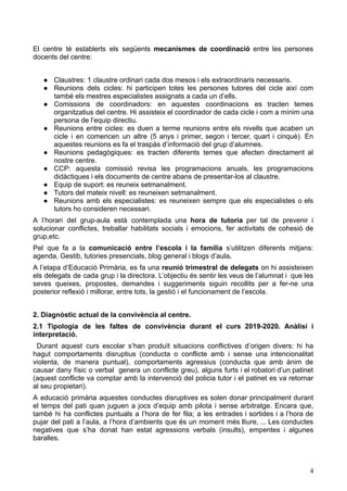 El centre té establerts els següents mecanismes de coordinació entre les persones
docents del centre:
● Claustres: 1 claustre ordinari cada dos mesos i els extraordinaris necessaris.
● Reunions dels cicles: hi participen totes les persones tutores del cicle així com
també els mestres especialistes assignats a cada un d’ells.
● Comissions de coordinadors: en aquestes coordinacions es tracten temes
organitzatius del centre. Hi assisteix el coordinador de cada cicle i com a mínim una
persona de l’equip directiu.
● Reunions entre cicles: es duen a terme reunions entre els nivells que acaben un
cicle i en comencen un altre (5 anys i primer, segon i tercer, quart i cinquè). En
aquestes reunions es fa el traspàs d’informació del grup d’alumnes.
● Reunions pedagògiques: es tracten diferents temes que afecten directament al
nostre centre.
● CCP: aquesta comissió revisa les programacions anuals, les programacions
didàctiques i els documents de centre abans de presentar-los al claustre.
● Equip de suport: es reuneix setmanalment.
● Tutors del mateix nivell: es reuneixen setmanalment.
● Reunions amb els especialistes: es reuneixen sempre que els especialistes o els
tutors ho consideren necessari.
A l’horari del grup-aula està contemplada una hora de tutoria per tal de prevenir i
solucionar conflictes, treballar habilitats socials i emocions, fer activitats de cohesió de
grup,etc.
Pel que fa a la comunicació entre l’escola i la família s’utilitzen diferents mitjans:
agenda, Gestib, tutories presencials, blog general i blogs d’aula.
A l’etapa d’Educació Primària, es fa una reunió trimestral de delegats on hi assisteixen
els delegats de cada grup i la directora. L’objectiu és sentir les veus de l’alumnat i que les
seves queixes, propostes, demandes i suggeriments siguin recollits per a fer-ne una
posterior reflexió i millorar, entre tots, la gestió i el funcionament de l’escola.
2. Diagnòstic actual de la convivència al centre.
2.1 Tipologia de les faltes de convivència durant el curs 2019-2020. Anàlisi i
interpretació.
Durant aquest curs escolar s’han produït situacions conflictives d’origen divers: hi ha
hagut comportaments disruptius (conducta o conflicte amb i sense una intencionalitat
violenta, de manera puntual), comportaments agressius (conducta que amb ànim de
causar dany físic o verbal genera un conflicte greu), alguns furts i el robatori d’un patinet
(aquest conflicte va comptar amb la intervenció del policia tutor i el patinet es va retornar
al seu propietari).
A educació primària aquestes conductes disruptives es solen donar principalment durant
el temps del pati quan juguen a jocs d’equip amb pilota i sense arbitratge. Encara que,
també hi ha conflictes puntuals a l’hora de fer fila; a les entrades i sortides i a l’hora de
pujar del pati a l’aula, a l’hora d’ambients que és un moment més lliure, ... Les conductes
negatives que s’ha donat han estat agressions verbals (insults), empentes i algunes
baralles.
4
 