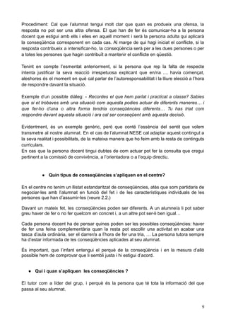 Procediment: Cal que l’alumnat tengui molt clar que quan es produeix una ofensa, la
resposta no pot ser una altra ofensa. El que han de fer és comunicar-ho a la persona
docent que estigui amb ells i elles en aquell moment i serà la persona adulta qui aplicarà
la conseqüència corresponent en cada cas. Al marge de qui hagi iniciat el conflicte, si la
resposta contribueix a intensificar-ho, la conseqüència serà per a les dues persones o per
a totes les persones que hagin contribuït a mantenir el conflicte en qüestió.
Tenint en compte l’esmentat anteriorment, si la persona que rep la falta de respecte
intenta justificar la seva reacció irrespetuosa explicant que en/na .... havia començat,
aleshores és el moment en què cal parlar de l’autoresponsabilitat i la lliure elecció a l’hora
de respondre davant la situació.
Exemple d’un possible diàleg: - Recordes el que hem parlat i practicat a classe? Sabies
que si et trobaves amb una situació com aquesta podies actuar de diferents maneres… i
que fer-ho d’una o altra forma tendria conseqüències diferents… Tu has triat com
respondre davant aquesta situació i ara cal ser conseqüent amb aquesta decisió.
Evidentment, és un exemple genèric, però que conté l’essència del sentit que volem
transmetre al nostre alumnat. En el cas de l’alumnat NESE cal adaptar aquest contingut a
la seva realitat i possibilitats, de la mateixa manera que ho feim amb la resta de continguts
curriculars.
En cas que la persona docent tingui dubtes de com actuar pot fer la consulta que cregui
pertinent a la comissió de convivència, a l’orientadora o a l’equip directiu.
● Quin tipus de conseqüències s’apliquen en el centre?
En el centre no tenim un llistat estandaritzat de conseqüències, atès que som partidaris de
negociar-les amb l’alumnat en funció del fet i de les característiques individuals de les
persones que han d’assumir-les (veure 2.2.)
Davant un mateix fet, les conseqüències poden ser diferents. A un alumne/a li pot saber
greu haver de fer o no fer quelcom en concret i, a un altre pot ser-li ben igual…
Cada persona docent ha de pensar quines poden ser les possibles conseqüències: haver
de fer una feina complementària quan la resta pot escollir una activitat en acabar una
tasca d’aula ordinària, ser el darrer/a a l’hora de fer una tria, … La persona tutora sempre
ha d’estar informada de les conseqüències aplicades al seu alumnat.
És important, que l’infant entengui el perquè de la conseqüència i en la mesura d’allò
possible hem de comprovar que li sembli justa i hi estigui d’acord.
● Qui i quan s’apliquen les conseqüències ?
El tutor com a líder del grup, i perquè és la persona que té tota la informació del que
passa al seu alumnat.
9
 