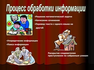 •Решение математической задачи
•Написание сочинения
•Перевод текста с одного языка на
другой
•Упорядочение информации
•Поиск информации
Раскрытие следователем
преступления по собранным уликам
 