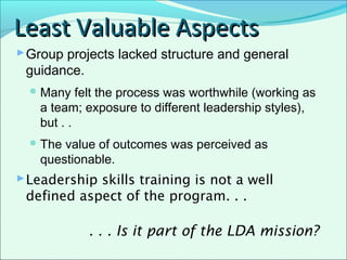 Least Valuable AspectsLeast Valuable Aspects
Group projects lacked structure and general
guidance.
Many felt the process was worthwhile (working as
a team; exposure to different leadership styles),
but . .
The value of outcomes was perceived as
questionable.
Leadership skills training is not a well
defined aspect of the program. . .
. . . Is it part of the LDA mission?
 