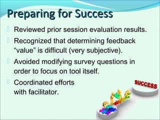  Reviewed prior session evaluation results.
 Recognized that determining feedback
“value” is difficult (very subjective).
 Avoided modifying survey questions in
order to focus on tool itself.
 Coordinated efforts
with facilitator.
Preparing for SuccessPreparing for Success
 
