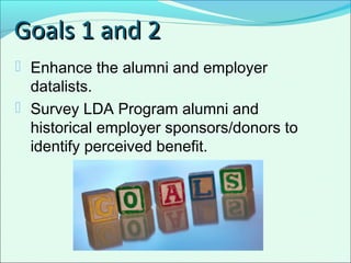  Enhance the alumni and employer
datalists.
 Survey LDA Program alumni and
historical employer sponsors/donors to
identify perceived benefit.
Goals 1 and 2Goals 1 and 2
 