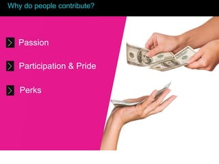 Why do people contribute?
Passion
Participation & Pride
Perks
Passion
Participation & Pride
Perks
 