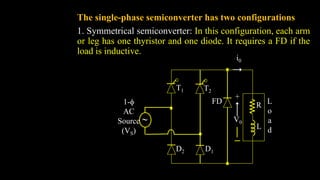 The single-phase semiconverter has two configurations
1. Symmetrical semiconverter: In this configuration, each arm
or leg has one thyristor and one diode. It requires a FD if the
load is inductive.
T2
R

T1
D1
D2
V0
L
L
o
a
d
FD
i0
+
1-
AC
Source
(VS)
 