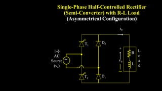Single-Phase Half-Controlled Rectifier
(Semi-Converter) with R-L Load
(Asymmetrical Configuration)
T2
R

T1
D1
D2
v0
L
L
o
a
d
i0
+
1-
AC
Source
(vs)
 