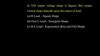 In VSI output voltage shape is Square, But output
current shape depends upon the nature of load
(a) R Load - Square Shape
(b) Pure L Load - Triangular Shape
(c) R-L Load - Exponential (Rise and Fall) Shape
 