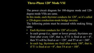 Three-Phase 120 Mode VSI
The power circuit diagram for 180-degree mode and 120-
degree mode VSIs are same.
In this mode, each thyristor conducts for 120°, so it’s called
a 120-degree conduction-mode bridge inverter.
The following points must be ensured while making firing
table:
• Each thyristor conducts for 120° of a cycle.
• In each group (i.e., upper or lower group), thyristors are
fired after every 120°, that is, if T1 is fired at ωt = 0°,
then T3 will be fired at ωt = 120°, and T5 at ωt = 240°.
• In each leg, thyristors are fired after every 180°, that is,
if T1 is fired at ωt = 0°, then T4 at ωt = 180°.
 