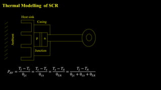 Thermal Modelling of SCR
Heat sink
Casing
Junction
p n
Ambient
𝑃𝐴𝑉 =
𝑇𝑗 − 𝑇𝑐
𝑗𝑐
=
𝑇𝑐 − 𝑇𝑠
𝑐𝑠
=
𝑇𝑠 − 𝑇𝐴
𝑆𝐴
=
𝑇𝑗 − 𝑇𝐴
𝑗𝑐 + 𝑐𝑠 + 𝑆𝐴
 