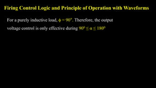 Firing Control Logic and Principle of Operation with Waveforms
For a purely inductive load,  = 90°. Therefore, the output
voltage control is only effective during 900 ≤ α ≤ 1800
 