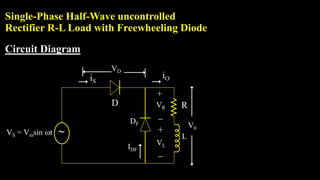 Single-Phase Half-Wave uncontrolled
Rectifier R-L Load with Freewheeling Diode
Circuit Diagram
VS = Vmsin t
D
DF
VD
iO
R


+
L

+
VL
VR
iS
IDF
V0
 
