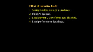 Effect of inductive load:
1. Average output voltage V0 reduces.
2. Input PF reduces.
3. Load current i0 waveforms gets distorted.
4. Load performance detoriates.
 