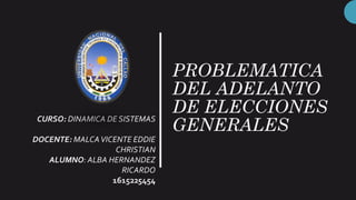 PROBLEMATICA
DEL ADELANTO
DE ELECCIONES
GENERALES
CURSO: DINAMICA DE SISTEMAS
DOCENTE: MALCAVICENTE EDDIE
CHRISTIAN
ALUMNO: ALBA HERNANDEZ
RICARDO
1615225454
 