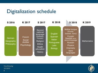 Digitalization schedule
10.3.2015
Virpi Britschgi
German
Geography
Philosophy
French
Social
studies
Psychology
Second
national
language
(Swedish,
Finnish)
Religion
Ethics
Health
education
History
English
Spanish
Italian
Portuguese
Latin
Biology
Mother tongue
(Finnish,
Swedish, Sami)
Finnish/
Swedish as a
second language
Russian
Physics
Chemistry
Sami
languages
Mathematics
S 2016 K 2017 S 2017 K 2018 S 2018 K 2019
8
 