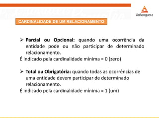 CARDINALIDADE DE UM RELACIONAMENTO 
ParcialouOpcional:quandoumaocorrênciadaentidadepodeounãoparticipardedeterminadorelacionamento. 
Éindicadopelacardinalidademínima=0(zero) 
Total ou Obrigatória: quando todas as ocorrências de uma entidade devem participar de determinado relacionamento. 
É indicado pela cardinalidade mínima = 1 (um)  