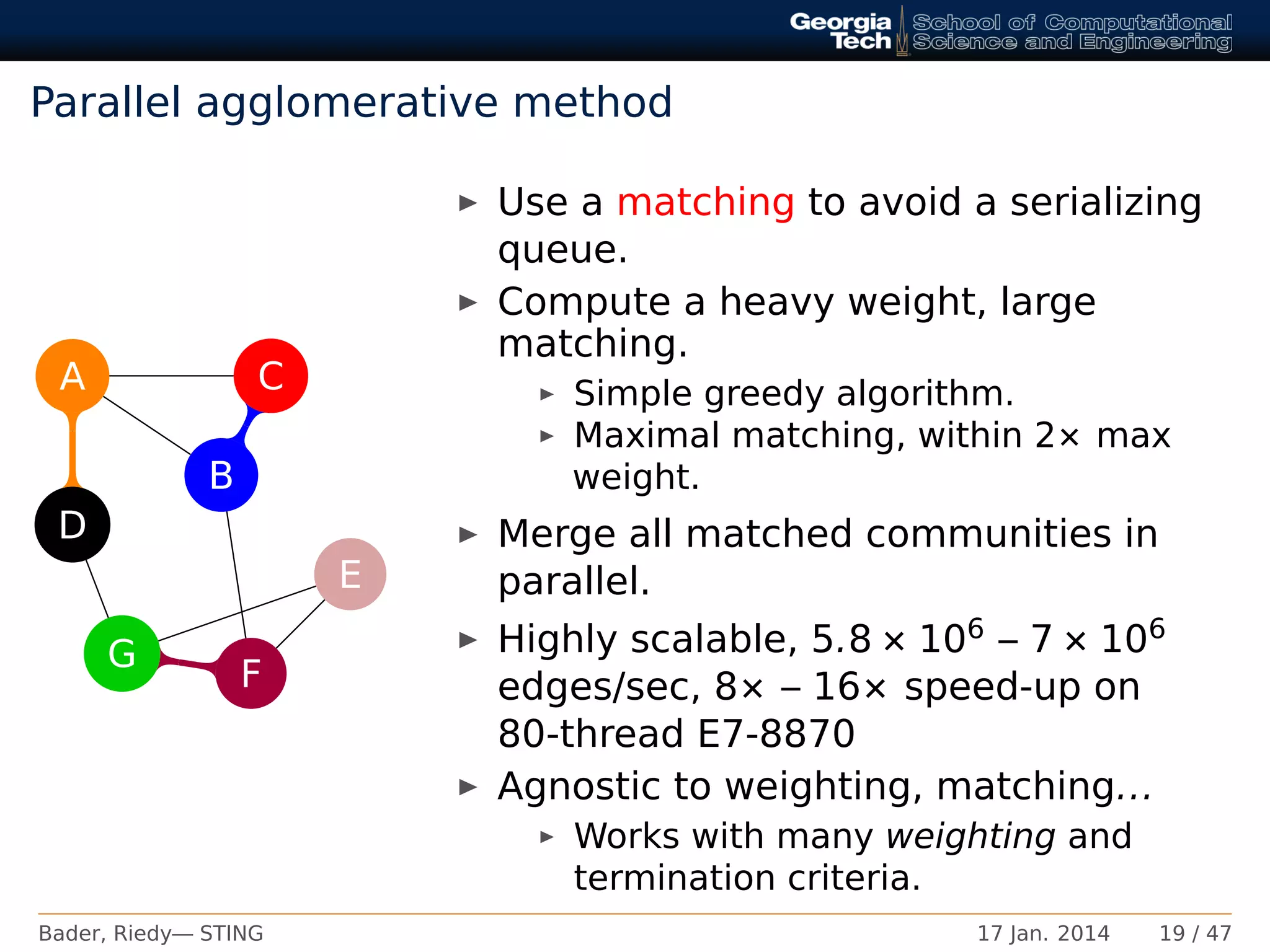 Parallel agglomerative method
A
B
C
D
E
F
G
Use a matching to avoid a serializing
queue.
Compute a heavy weight, large
matching.
Simple greedy algorithm.
Maximal matching, within 2× max
weight.
Merge all matched communities in
parallel.
Highly scalable, 5.8 × 106 – 7 × 106
edges/sec, 8× – 16× speed-up on
80-thread E7-8870
Agnostic to weighting, matching...
Works with many weighting and
termination criteria.
Bader, Riedy— STING 17 Jan. 2014 19 / 47
 