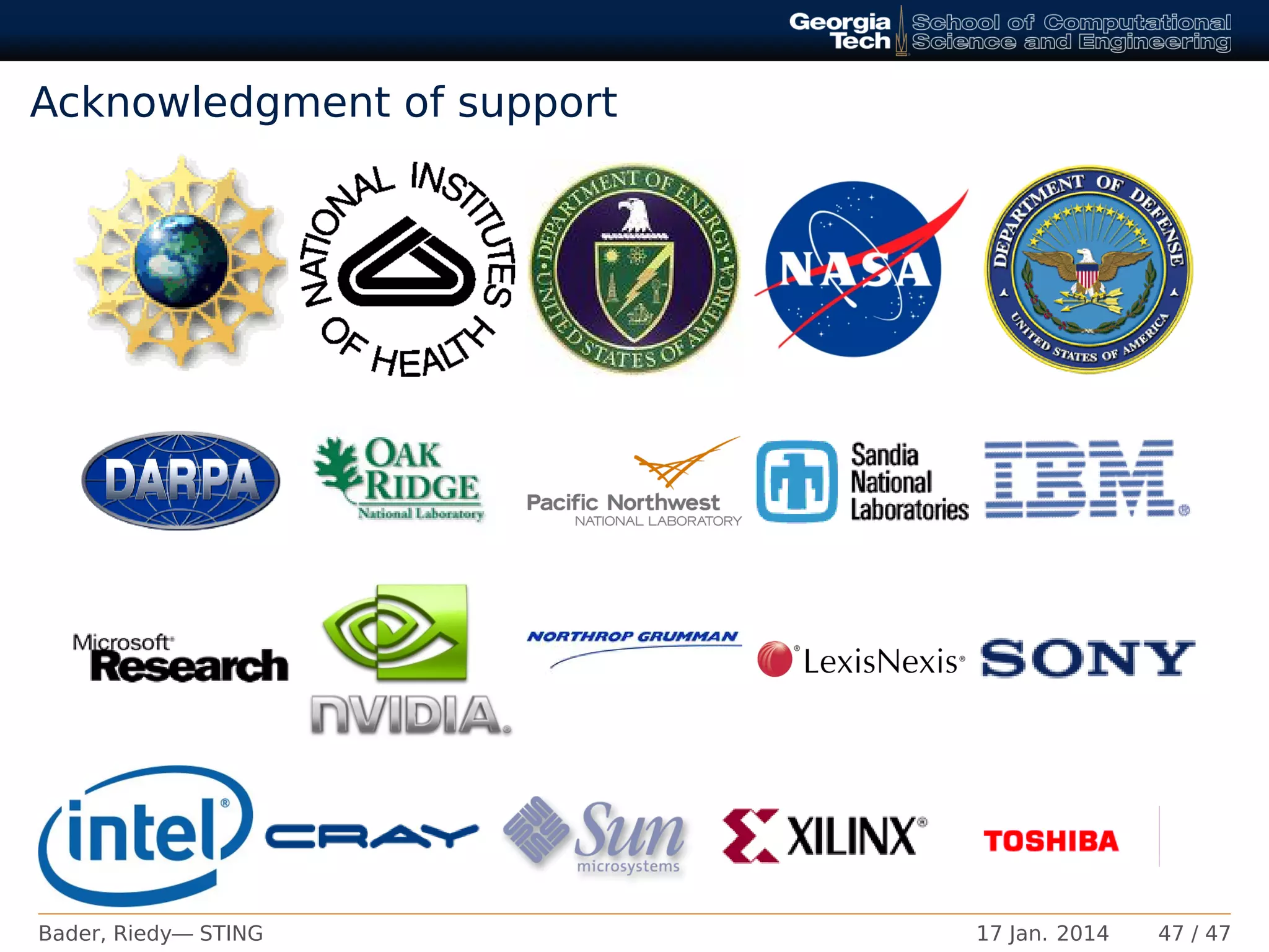 Acknowledgment of support
Bader, Riedy— STING 17 Jan. 2014 47 / 47
 