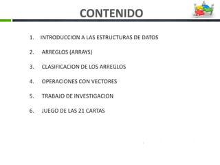 CONTENIDO
1. INTRODUCCION A LAS ESTRUCTURAS DE DATOS
2. ARREGLOS (ARRAYS)
3. CLASIFICACION DE LOS ARREGLOS
4. OPERACIONES CON VECTORES
5. TRABAJO DE INVESTIGACION
6. JUEGO DE LAS 21 CARTAS
 