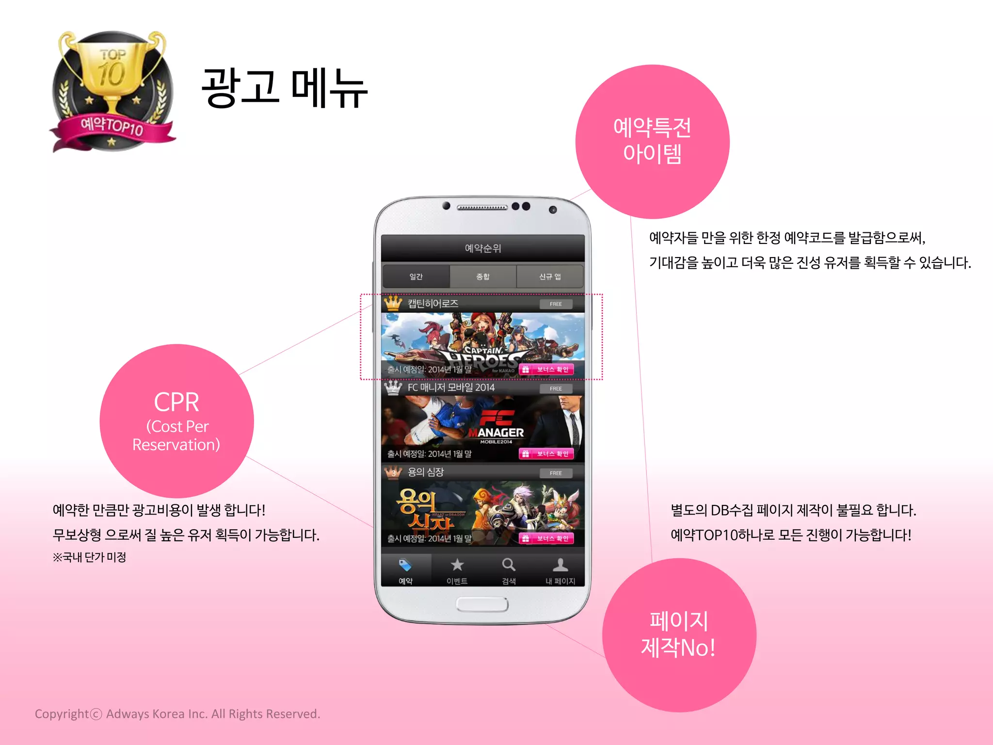 광고 메뉴
예약특전
아이템

예약자들 만을 위한 한정 예약코드를 발급함으로써,
기대감을 높이고 더욱 많은 진성 유저를 획득할 수 있습니다.

CPR
(Cost Per
Reservation)

예약한 만큼만 광고비용이 발생 합니다!

별도의 DB수집 페이지 제작이 불필요 합니다.

무보상형 으로써 질 높은 유저 획득이 가능합니다.

예약TOP10하나로 모든 진행이 가능합니다!

※국내 단가 미정

페이지
제작No!
Copyrightⓒ Adways Korea Inc. All Rights Reserved.

 